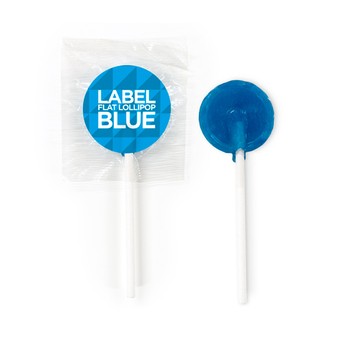 Blue flat lollipops with a branded sticker