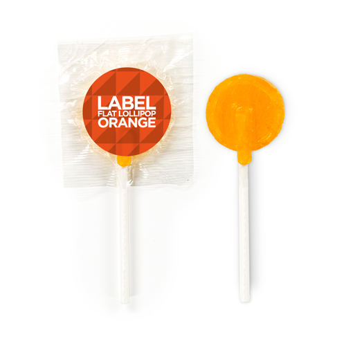 Orange flat lollipops with a branded sticker