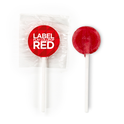 Red flat lollipops with a branded sticker