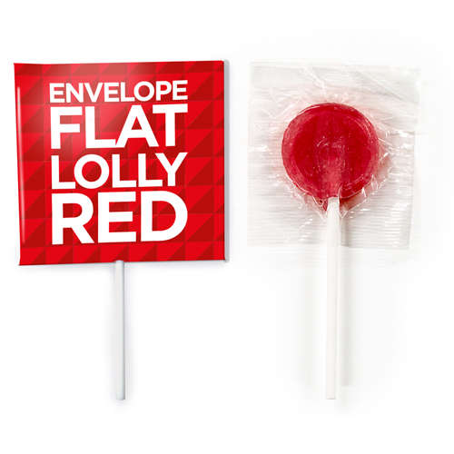 red flat lollipops in a branded envelope