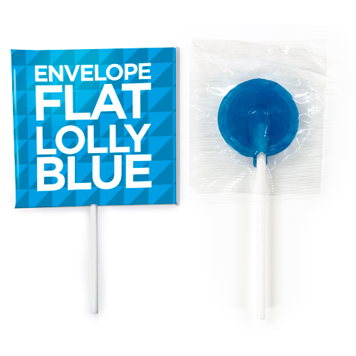 blue flat lollipops in a branded envelope