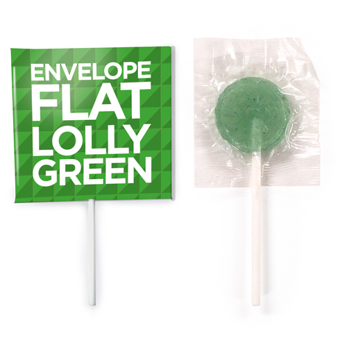 green flat lollipops in a branded envelope