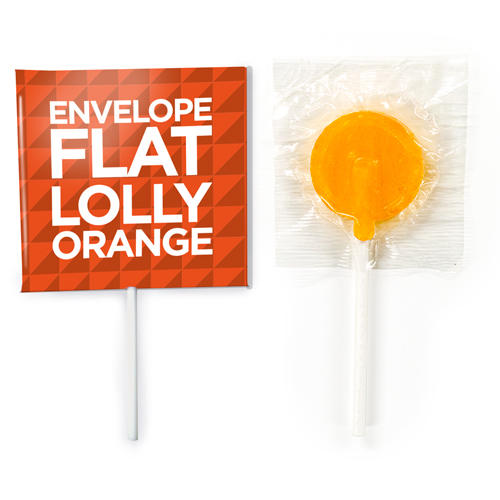 orange flat lollipops in a branded envelope