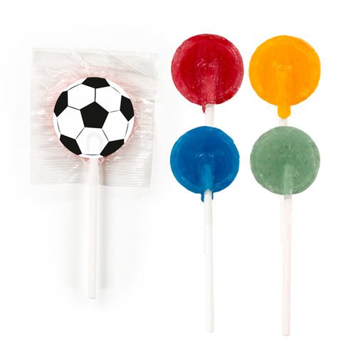 Assorted flat lollipops with a branded sticker