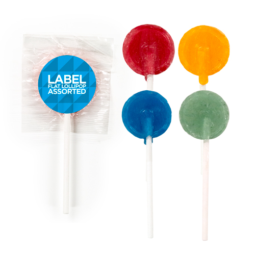 Assorted flat lollipops with a branded sticker