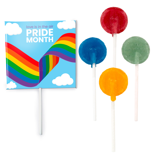 Assorted flat lollipops in a branded envelope