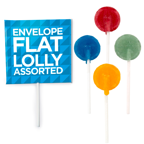 Assorted flat lollipops in a branded envelope